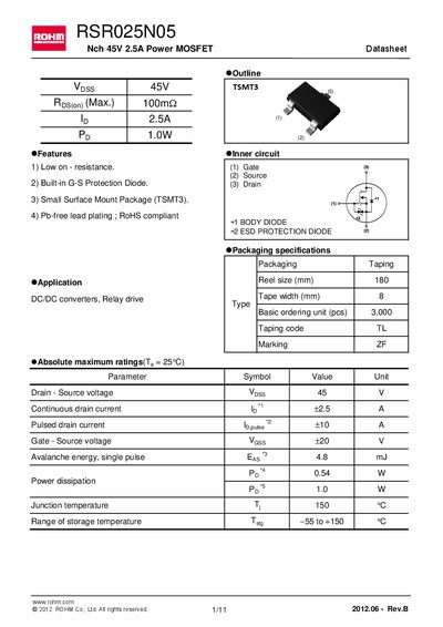 R0HM RSR025N05 Manual - cover page