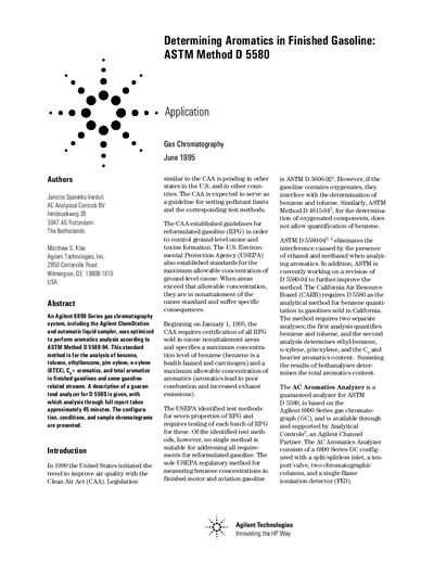 Agilent 6890 Series Gas Chromatography Application Note for ASTM D 5580 - cover page