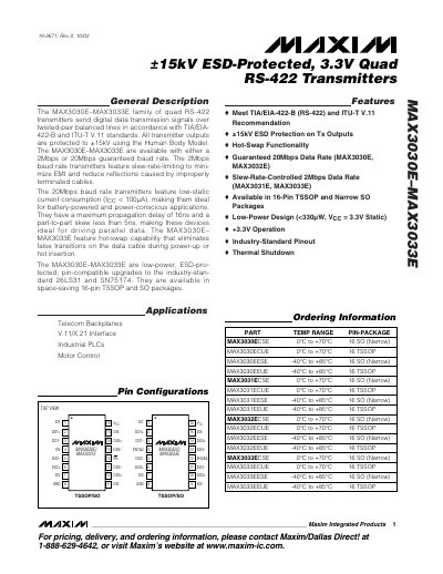 MAXIM MAX3030E MAX3033E &plusmn;15kV ESD-Protected 3.3V Quad RS-422 Transmittershandbook - cover page