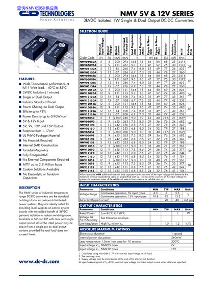C&D Technologies NMV 5V & 12V Series Datasheet