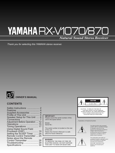 Yamaha RX-V1070/870 Natural Sound Stereo Receiver Owner's Manual - cover page
