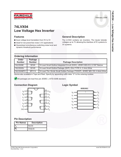 Fairchild 74LVX04 Low Voltage Hex Inverter Datasheet - cover page