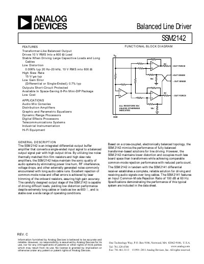 Analog Devices SSM2142 Balanced Line Driver Datasheet - cover page
