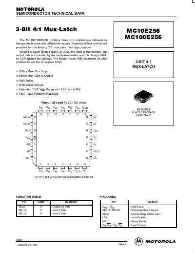 Motorola MC10E256/MC100E256 2Bit 4:1 Mux-Latch Datasheet - cover page