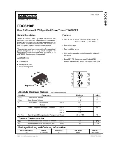 Fairchild FDC6310P Dual P-Channel MOSFET Datasheet - cover page