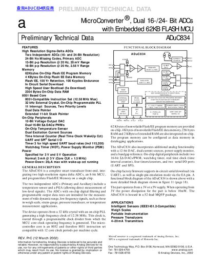 Analog Devices ADuC834 MicroConverter Dual 16-/24-Bit ADCs with Embedded 62KB FLASH MCU Preliminary Technical Data - cover page