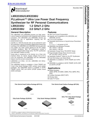 National Semiconductor LMX2335U/LMX2336U PLLatinum Ultra Low Power Dual Frequency Synthesizer Datasheet