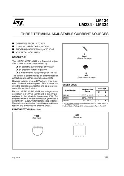 STMicroelectronics LM134 LM234 LM334 Three-Terminal Adjustable Current Sources Datasheet - cover page