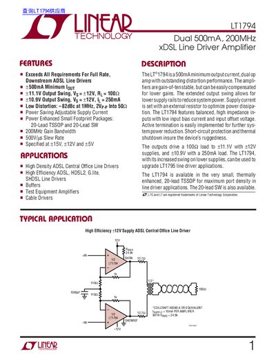 Linear Technology LT1794 Dual Op Amp Datasheet