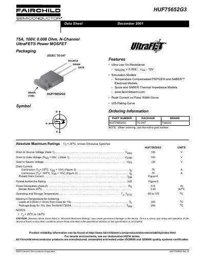 Fairchild HUF75652G3 75A 100V N-Channel UltraFET Power MOSFET Datasheet