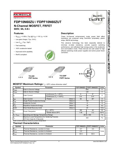 Fairchild FDP10N60ZU/FDPF10N60ZUT N-Channel MOSFET Datasheet - cover page