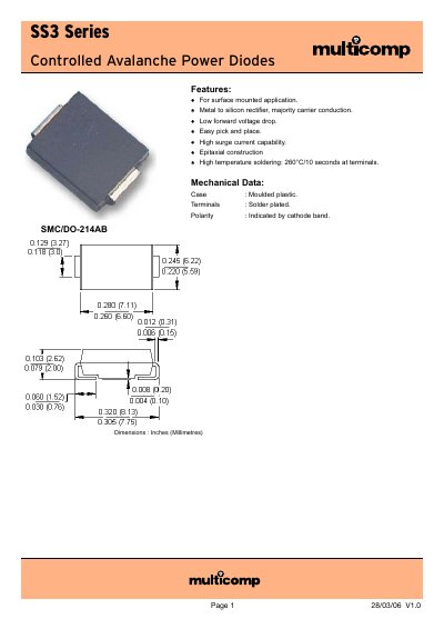 Multicomp SS3 Series Controlled Avalanche Power Diodes Datasheet - cover page