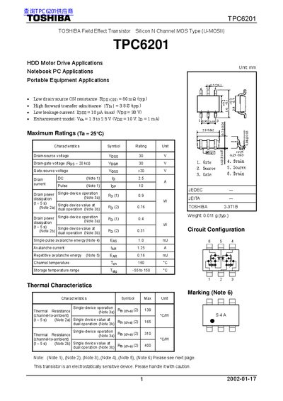 Toshiba TPC6201 MOSFET Datasheet - cover page