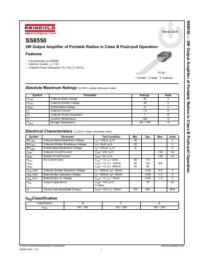 Fairchild SS8550 2W Output Amplifier Datasheet - cover page