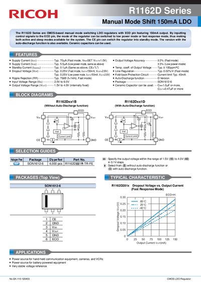 Ricoh R1162D Series CMOS LDO Regulator Datasheet - cover page