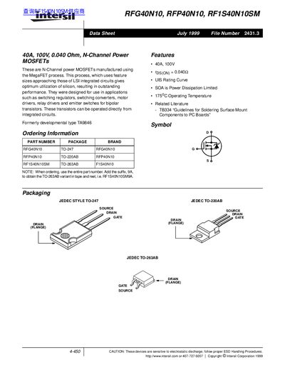 Intersil RFG40N10 / RFP40N10 / RF1S40N10SM Power MOSFET Datasheet - cover page