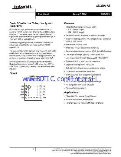 Intersil ISL9011A Dual LDO Datasheet - cover page