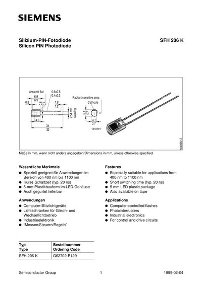 Siemens SFH 206 K Silicon PIN Photodiode Datasheet - cover page