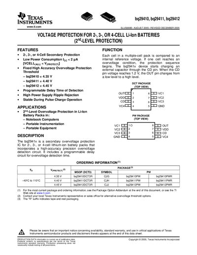 TEXAS INSTRUMENTS bq29410 Data Sheet - cover page