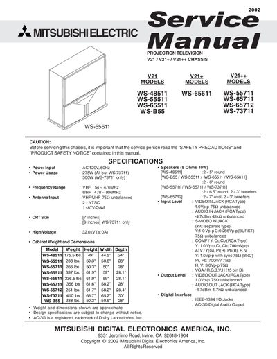 MITSUBISHI V21 MODELS WS-48511 WS-55511 WS-65511 WS-B55 V21+ MODELS WS-65611 WS-65611 V21++ MODELS WS-55711 WS-65711 WS-65712 WS-73711 Manual - cover page