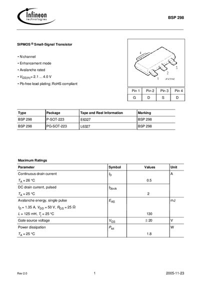 Infineon BSP 298 Small‑Signal Transistor Datasheet - cover page
