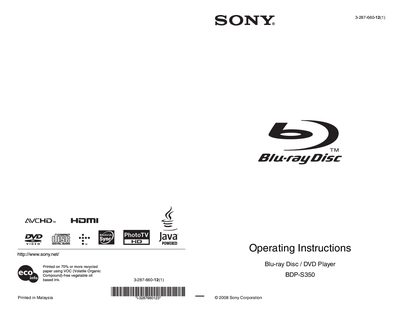 Sony BDP-S350 Blu-ray Disc/DVD Player User Manual - cover page