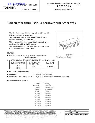Toshiba TB62701N Integrated Circuit Technical Data Sheet - cover page