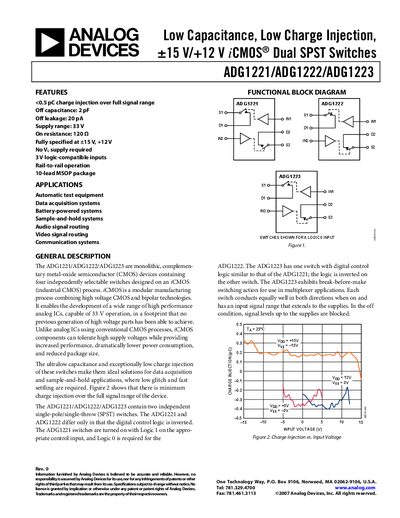ANALOG DEVICES - Low Capacitance Low Charge Injection &plusmn;15 V/ 12 V iCMOS Dual SPST Switches ADG1221/ADG1222/ADG123 handbook - cover page