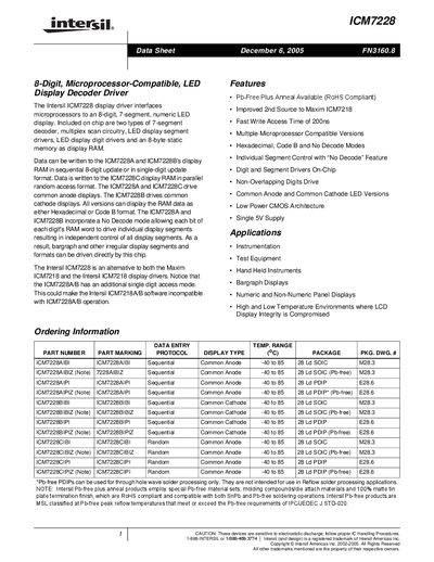 Intersil ICM7228 Display Driver Data Sheet - cover page