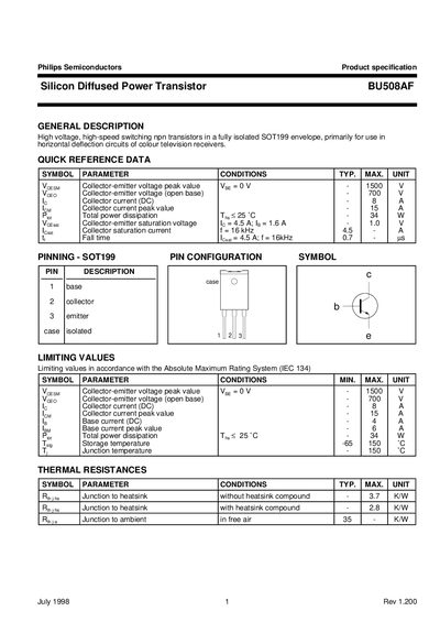 Philips BU508AF Silicon Diffused Power Transistor Datasheet - cover page