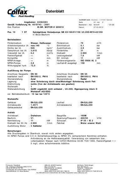 ALLWEILER NB 65-160/01/158 U3.20DW19- 42/350 technology data - cover page