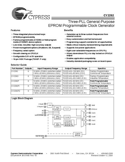 Cypress CY2292 Three-PLL EPROM Programmable Clock Generator User Manual