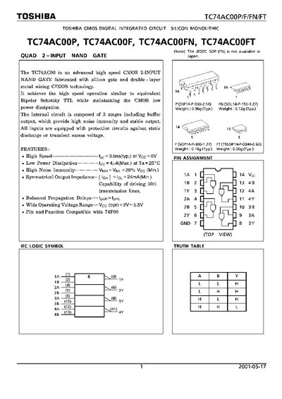 TOSHIBA TC74AC00P/F/FN/FT Manual - cover page