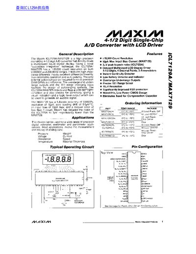 Maxim ICL7129A/MAX7129 A/D Converter with LCD Driver Datasheet - cover page
