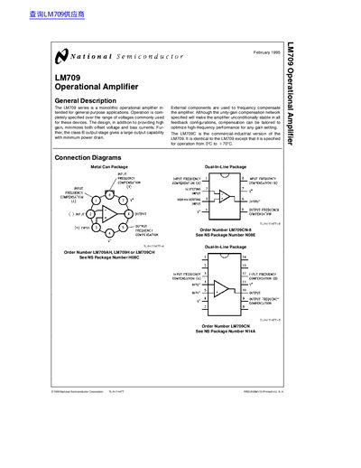 National Semiconductor LM709 Operational Amplifier Datasheet - cover page