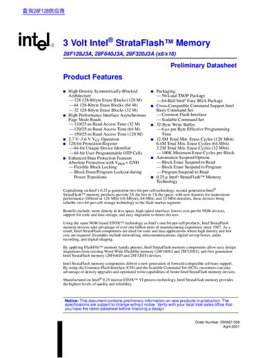 intel 28F128J3A 28F640J3A 28F320J3A (x8/x16) 3 Volt Intel StrataFlash Memory Preliminary Datasheet - cover page