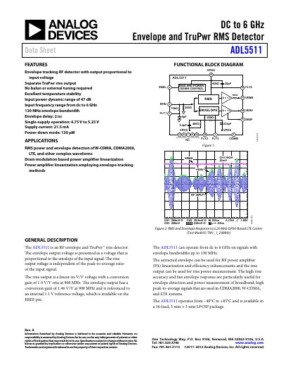 Analog Devices ADL5511 DC to 6 GHz Envelope and TruPwr RMS Detector Datasheet - cover page
