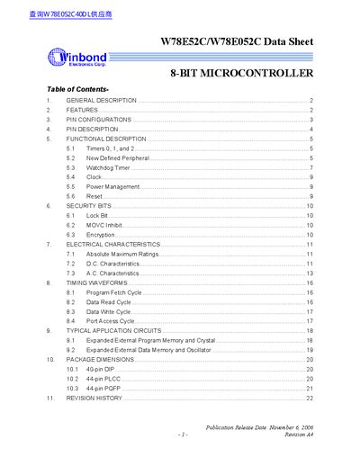 Winbond W78E52C/W78E052C 8-bit Microcontroller Datasheet - cover page