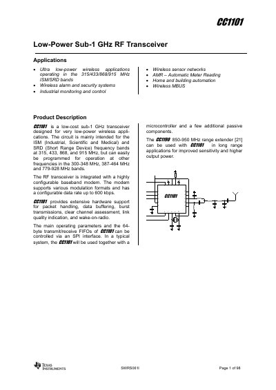 Texas Instruments CC1101 Low-Power Sub-1 GHz RF Transceiver Datasheet