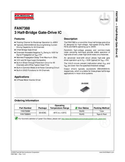 Fairchild FAN7388 3 Half-Bridge Gate-Drive IC Datasheet - cover page