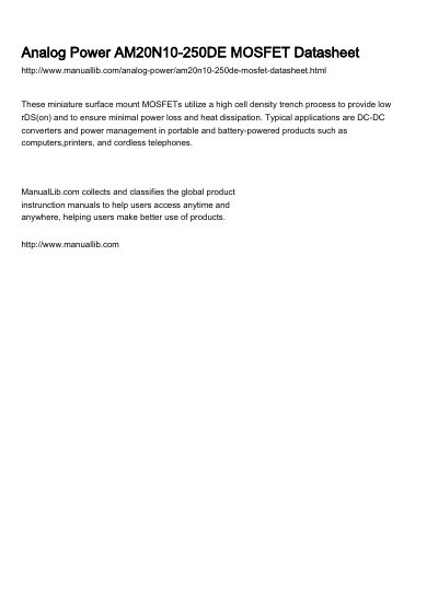 Analog Power AM20N10-250DE MOSFET Datasheet - cover page