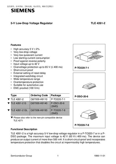 Siemens TLE 4261-2 5‑V Low‑Drop Voltage Regulator Datasheet