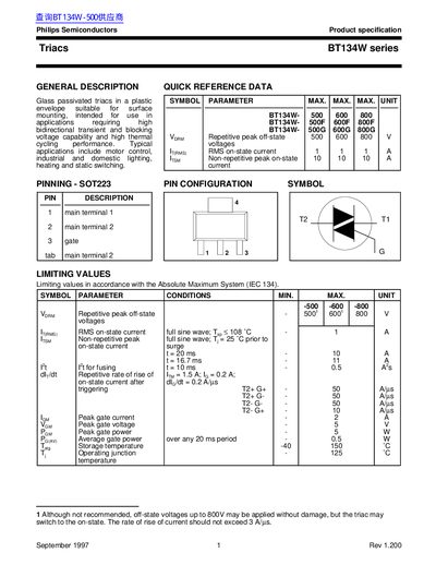 Philips BT134W Series Triacs Product Specification - cover page