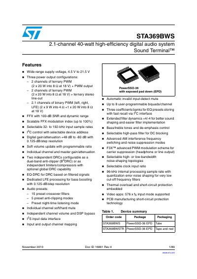 ST STA369BWS 2.1-channel 40-watt high-efficiency digital audio system Sound Terminal handbook