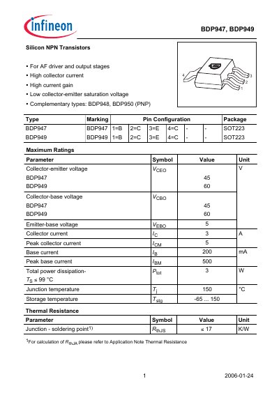 Infineon BDP947/BDP949 NPN Transistor Datasheet - cover page