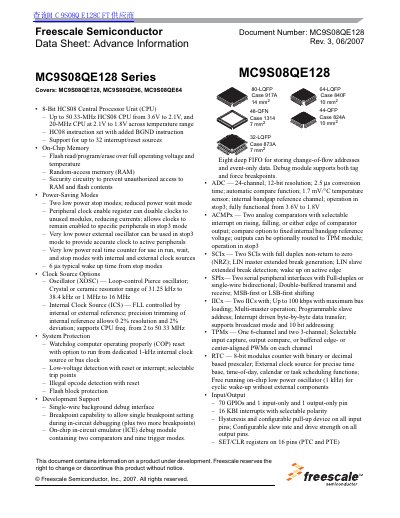 Freescale MC9S08QE128 Series Advance Information Data Sheet - cover page
