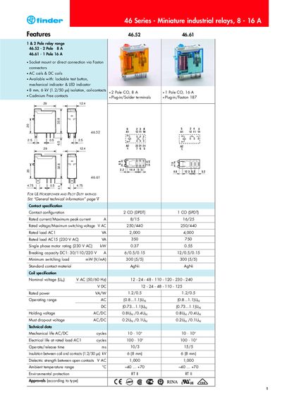 Finder 46 Series Miniature Industrial Relay Manual - cover page