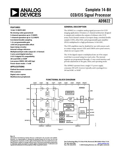 Analog Devices AD9822 14‑Bit CCD/CIS Signal Processor Handbook