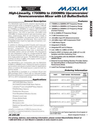 Maxim Integrated MAX2039 High-Linearity Up/Downconverter Mixer Datasheet - cover page