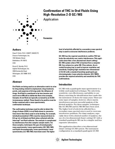 Agilent G1540N/G3243A Confirmation of THC in Oral Fluids Using High-Resolution 2-D GC/MS Application Note - cover page